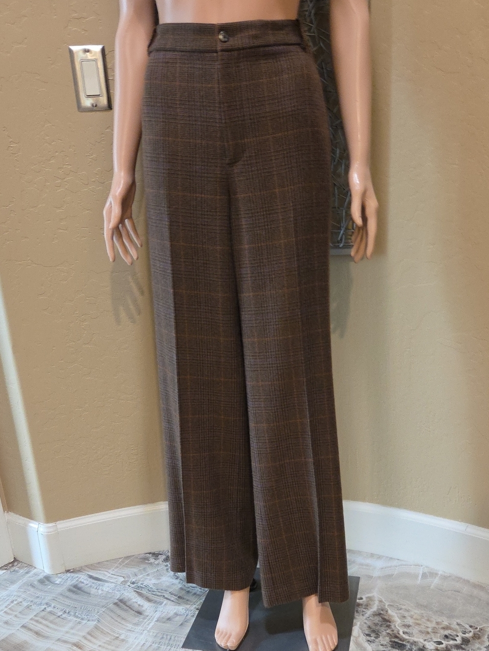 Lauren Ralph Lauren Brown Plaid Wide-Leg Wool Pants with Purple & Orange
